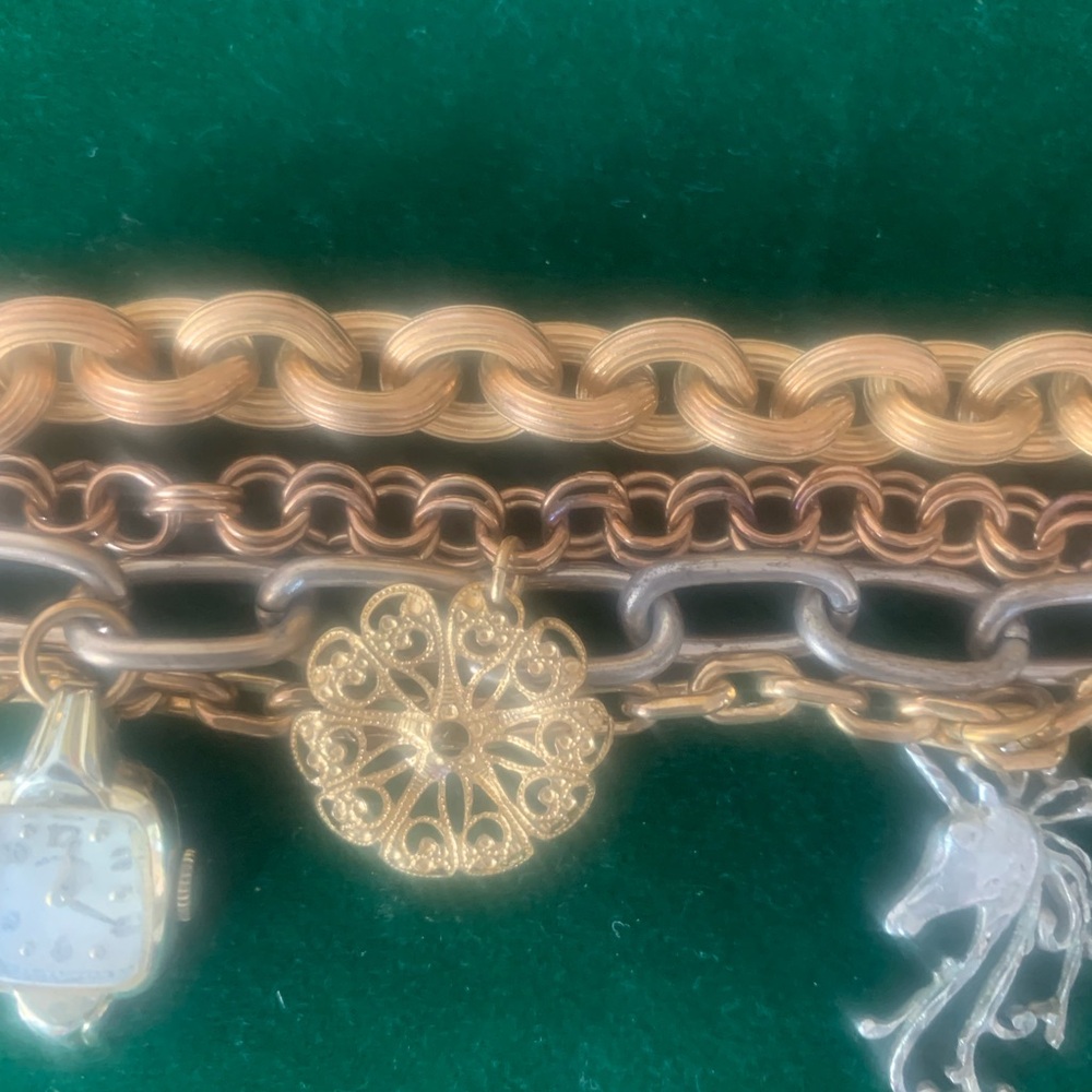 THEA GRANT Vintage Four Chain Charm Toggle Bracelet—Watch, Unicorn, Crystals